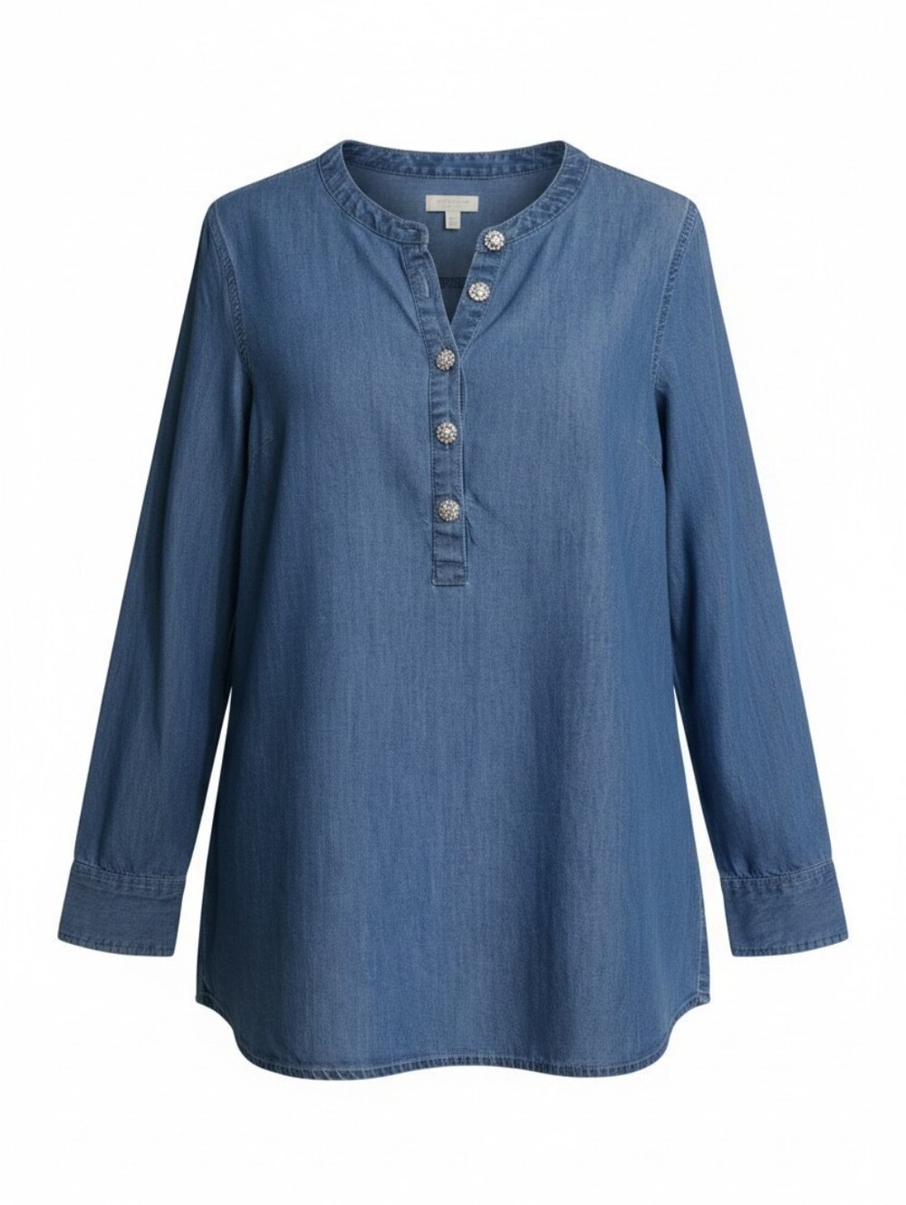 Talbots Denim Chambray Henley Long Sleeve Top Rhinestone Buttons Size LP